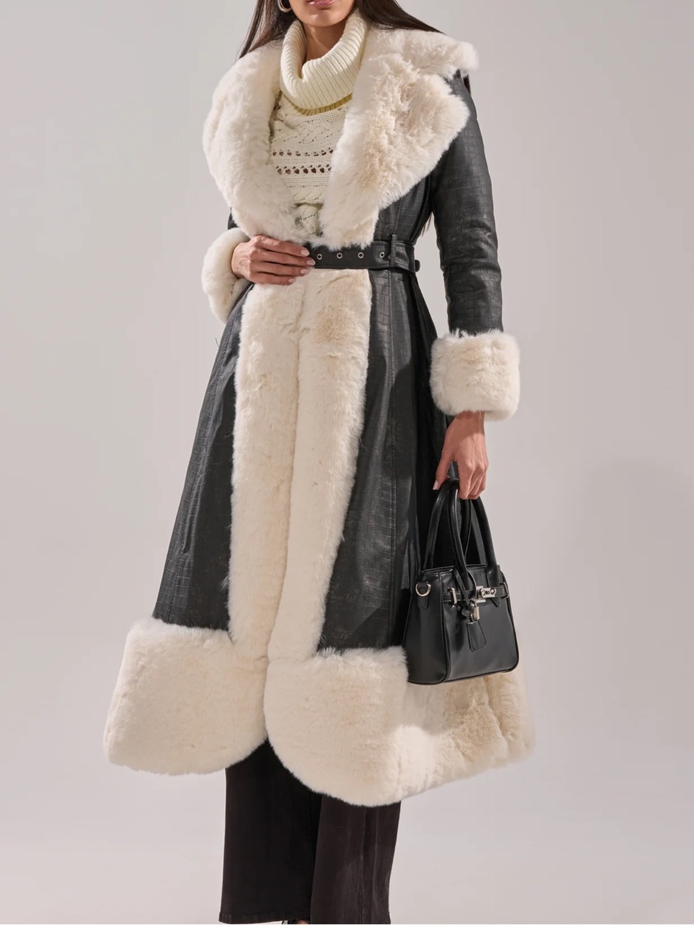 AKIRA Black Trench Coat with Cream Shearling Trim